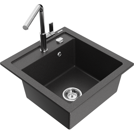 Mexen Vito granite kitchen sink 1-bowl with Flora kitchen faucet, black speckled - 6503-76-670401-00