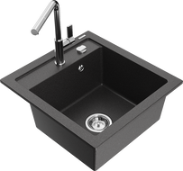 Mexen Vito granite kitchen sink 1-bowl with Flora kitchen faucet, black speckled - 6503-76-670401-00