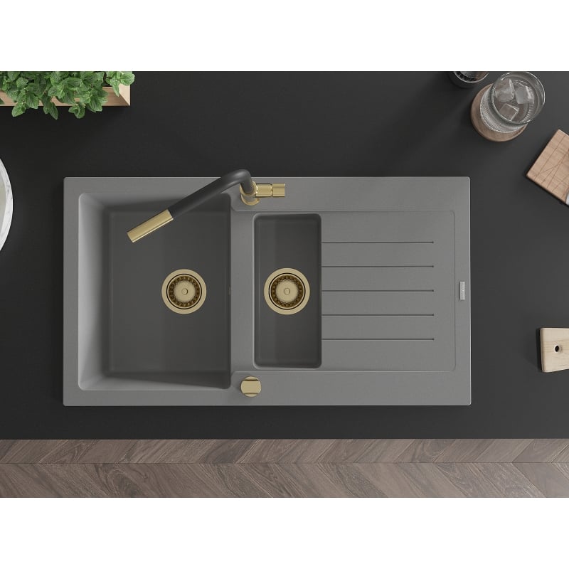 Mexen Matias granite sink 1.5-bowl with drainer and Flora kitchen faucet, gray - 6502-71-670401-57-G