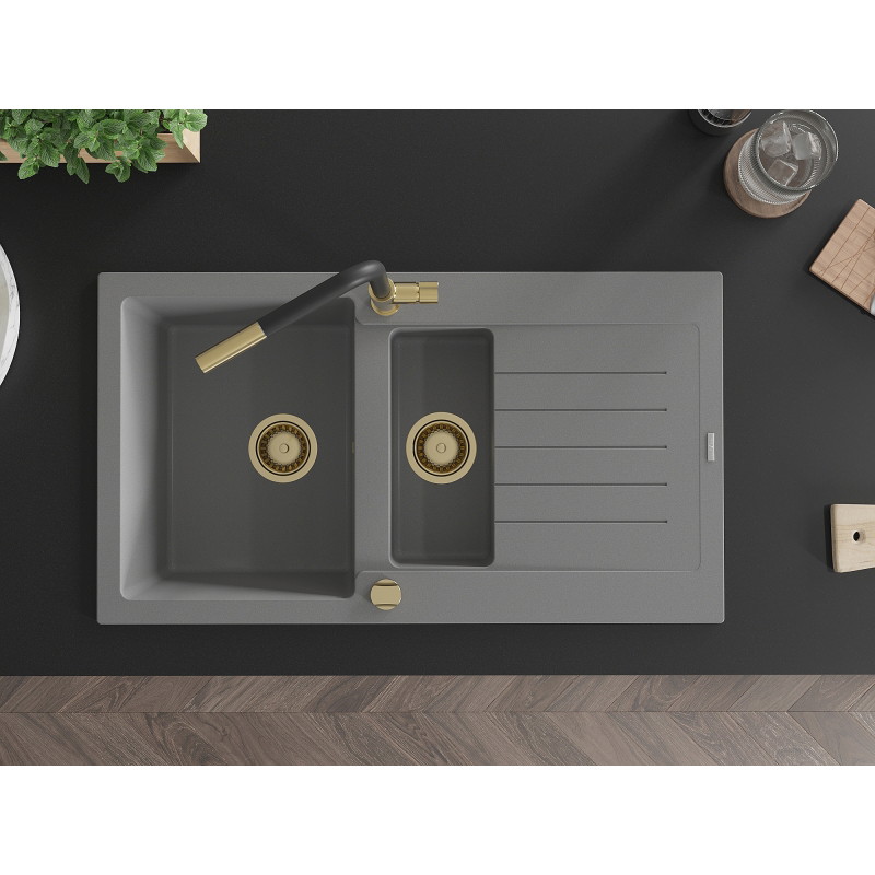 Mexen Matias granite sink 1.5-bowl with drainer and kitchen faucet Flora, gray - 6502-71-670401-57-G