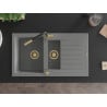 Mexen Matias granite sink 1.5-bowl with drainer and Flora kitchen faucet, gray - 6502-71-670401-57-G
