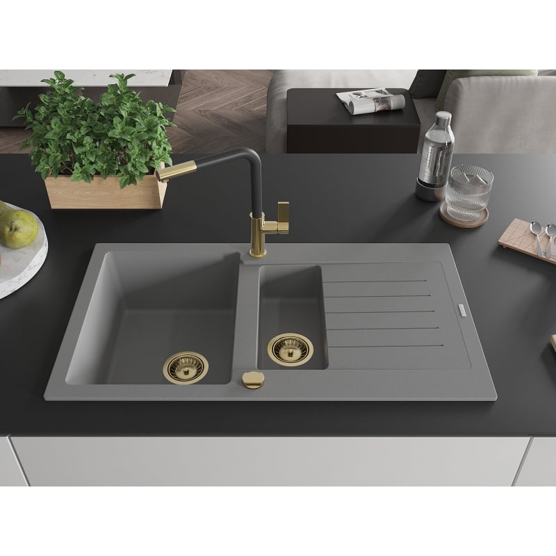 Mexen Matias granite sink 1.5-bowl with drainer and Flora kitchen faucet, gray - 6502-71-670401-57-G