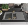 Mexen Matias granite sink 1.5-bowl with drainer and Flora kitchen faucet, gray - 6502-71-670401-57-G