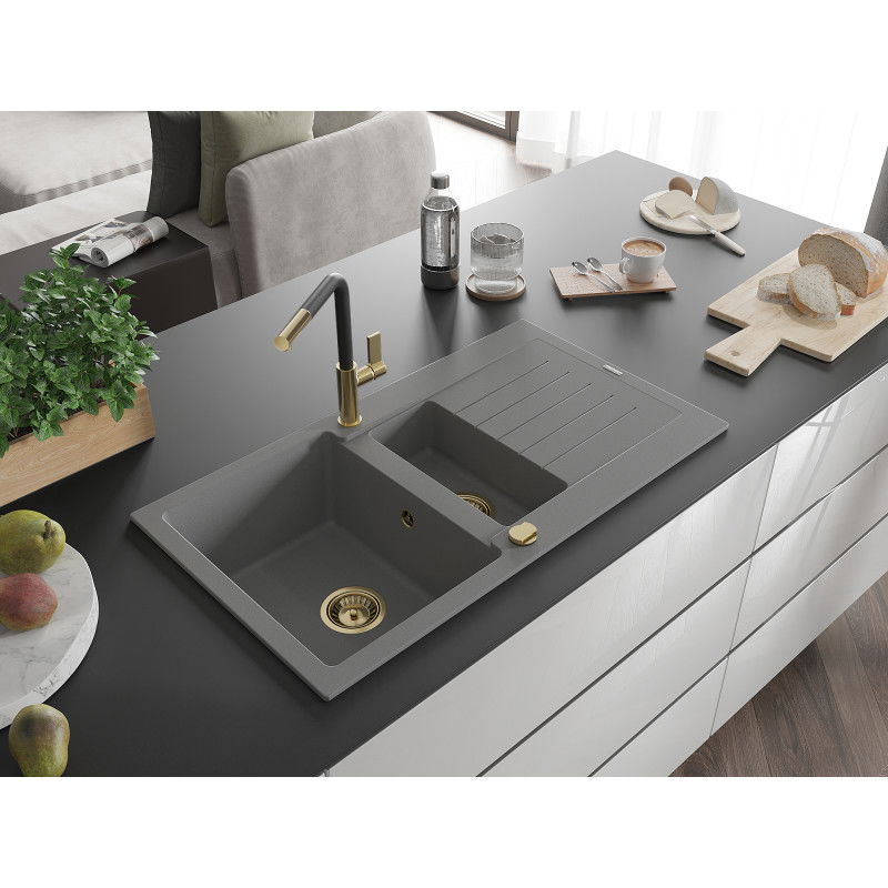 Mexen Matias granite sink 1.5-bowl with drainer and Flora kitchen tap, grey - 6502-71-670401-57-G