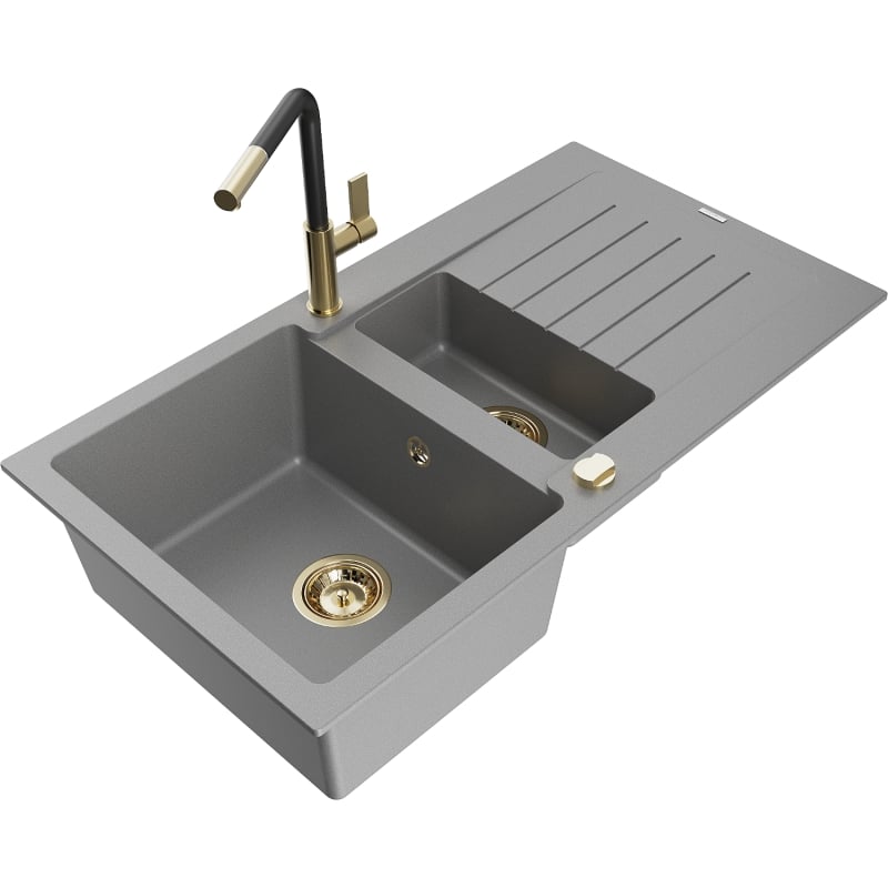 Mexen Matias granite sink 1.5-bowl with drainer and Flora kitchen faucet, gray - 6502-71-670401-57-G