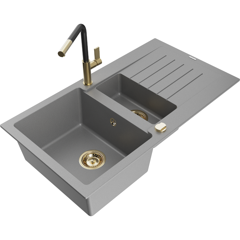 Mexen Matias granite sink 1.5-bowl with drainer and Flora kitchen tap, grey - 6502-71-670401-57-G