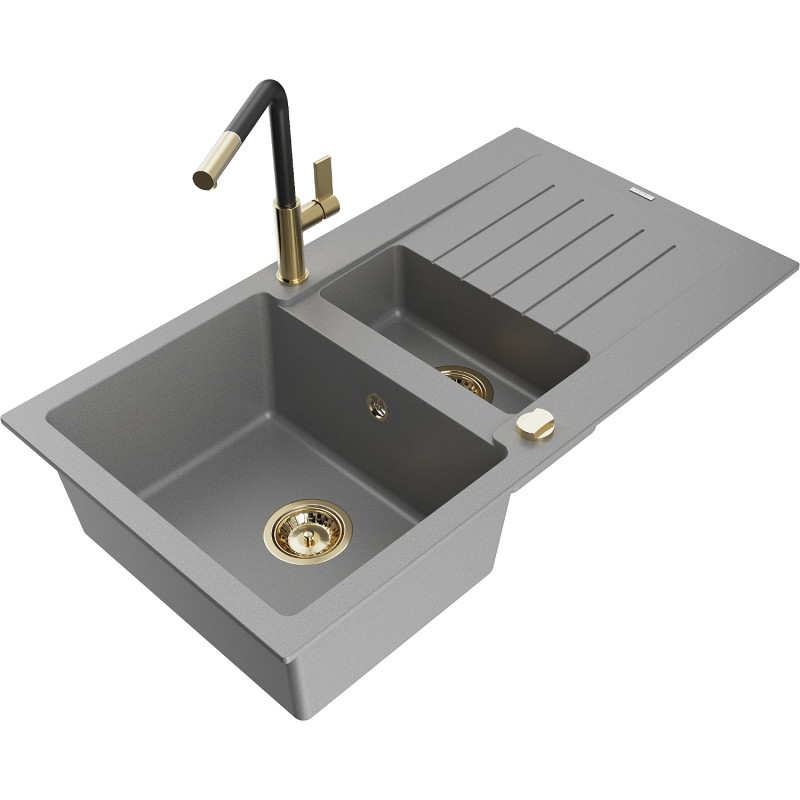 Mexen Matias granite sink 1.5-bowl with drainer and kitchen faucet Flora, gray - 6502-71-670401-57-G