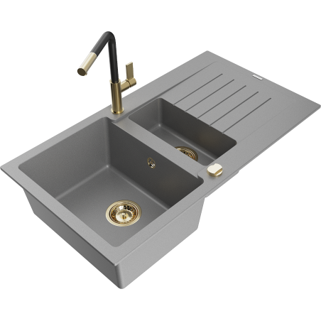 Mexen Matias 1.5-compartment granite sink with a drip tray and kitchen mixer tap Flora, Grey - 6502-71-670401-57-G