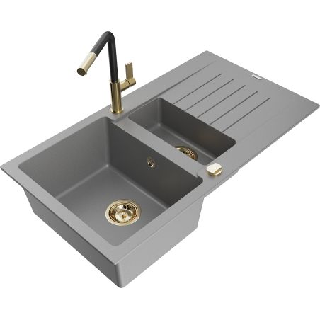 Mexen Matias granite sink 1.5-bowl with drainer and Flora kitchen faucet, gray - 6502-71-670401-57-G