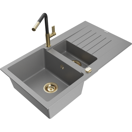 Mexen Matias granite sink 1.5-bowl with drainer and Flora kitchen tap, grey - 6502-71-670401-57-G