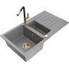Mexen Matias 1.5-compartment granite sink with a drip tray and kitchen mixer tap Flora, Grey - 6502-71-670401-57-G