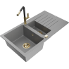 Mexen Matias granite sink 1.5-bowl with drainer and Flora kitchen faucet, gray - 6502-71-670401-57-G