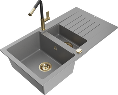 Mexen Matias 1.5-compartment granite sink with a drip tray and kitchen mixer tap Flora, Grey - 6502-71-670401-57-G