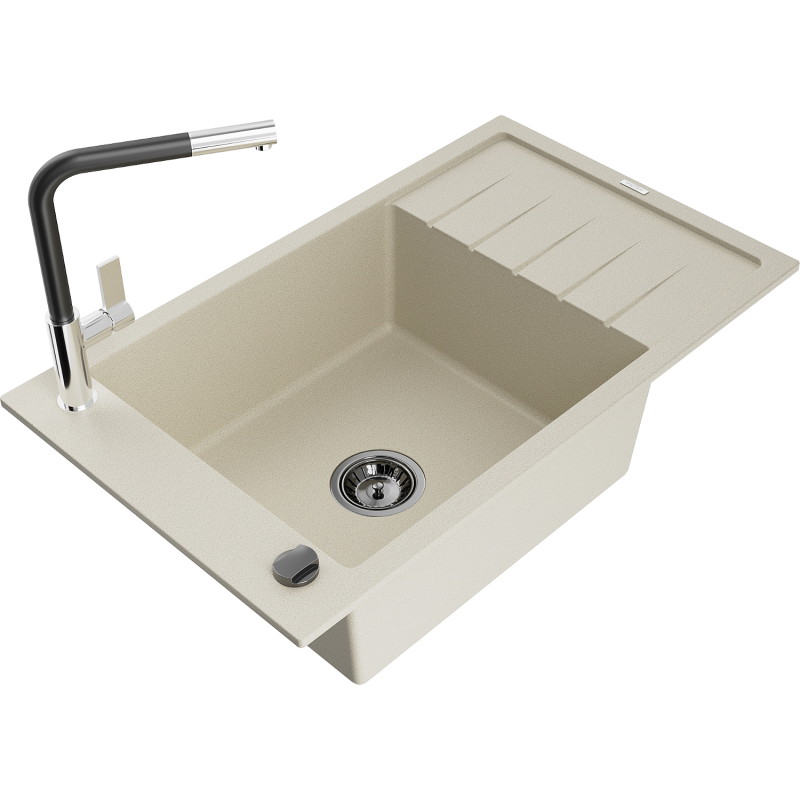 Mexen Elias granite sink 1-bowl with drainer and Flora kitchen faucet, beige - 6511-69-670401-07-B