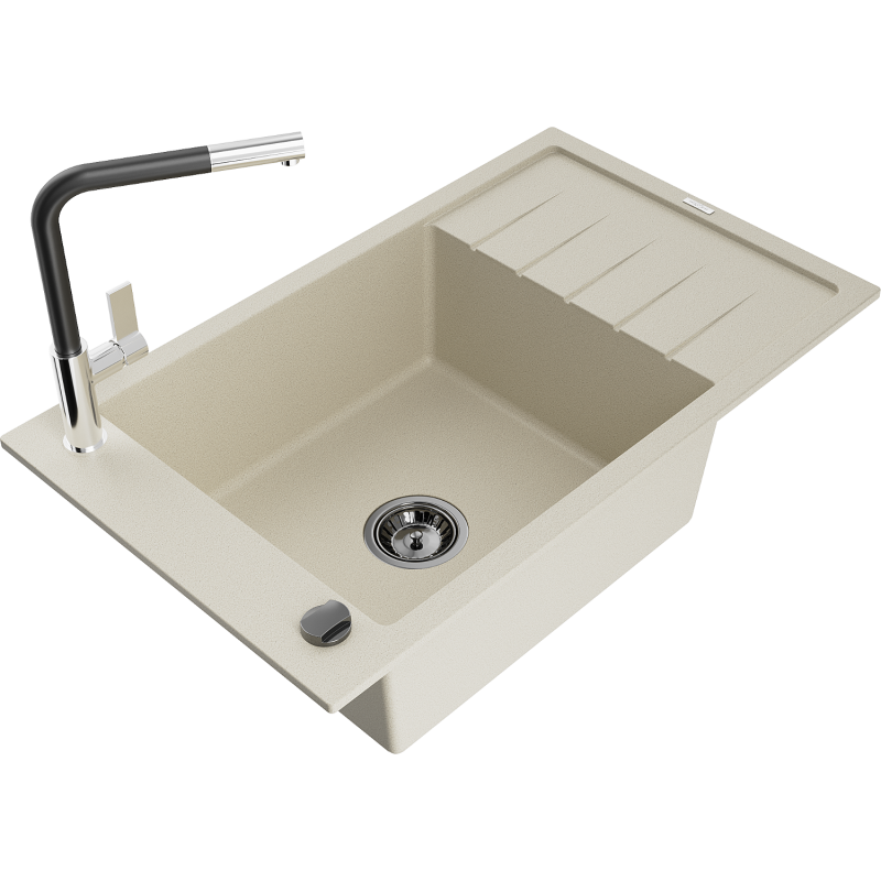 Mexen Elias single-bowl granite sink with drainer and Flora kitchen tap, beige - 6511-69-670401-07-B
