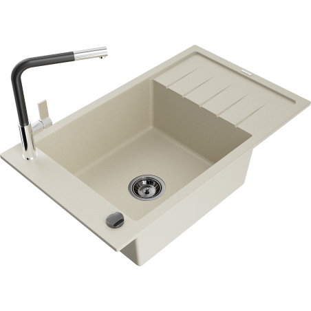 Mexen Elias granite sink 1-bowl with drainer and Flora kitchen faucet, beige - 6511-69-670401-07-B