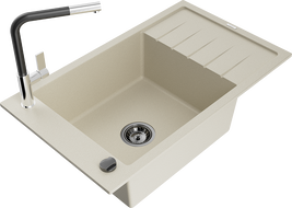 Mexen Elias 1-compartment granite sink with a drip tray and kitchen mixer tap Flora, Beige - 6511-69-670401-07-B