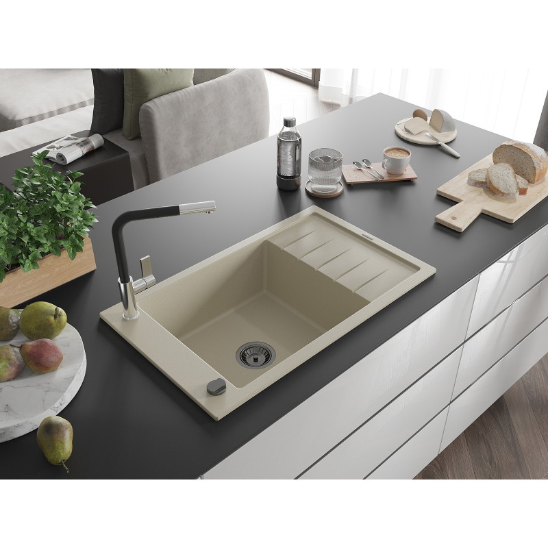 Mexen Elias granite sink 1-bowl with drainer and Flora kitchen faucet, beige - 6511-69-670401-07-B