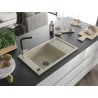 Mexen Elias granite single-bowl sink with drainer and Flora kitchen faucet, beige - 6511-69-670401-07-B