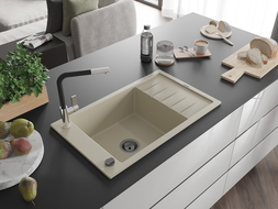 Mexen Elias 1-compartment granite sink with a drip tray and kitchen mixer tap Flora, Beige - 6511-69-670401-07-B