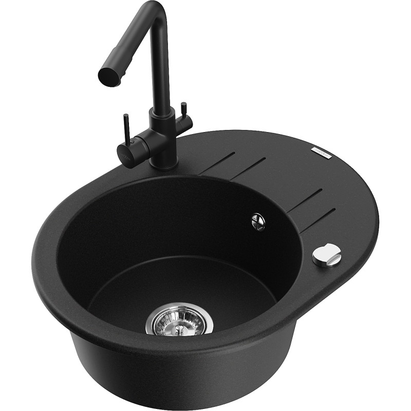 Mexen Kevin granite kitchen sink 1-bowl with drainer and Duero kitchen faucet, black - 6517-77-671600-70