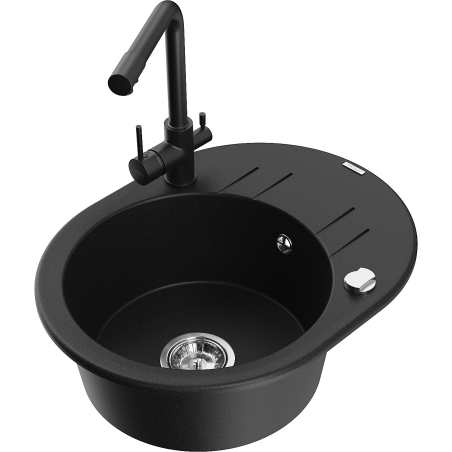 Mexen Kevin granite kitchen sink 1-bowl with drainer and Duero kitchen faucet, black - 6517-77-671600-70