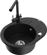 Mexen Kevin 1-bowl granite sink with drainer and Duero kitchen tap, black - 6517-77-671600-70