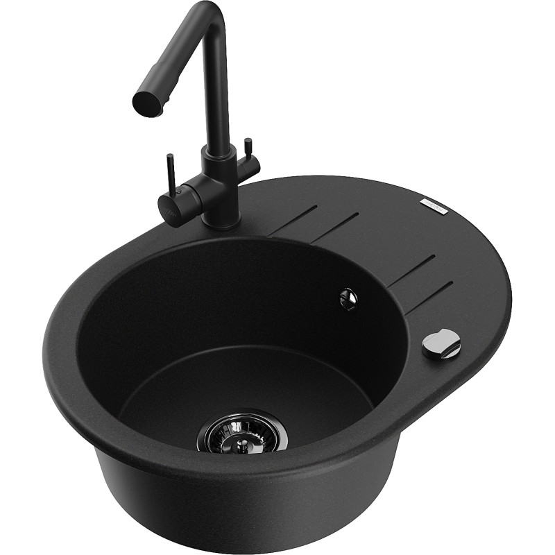 Mexen Kevin 1-bowl granite sink with drainer and Duero kitchen faucet, black - 6517-77-671600-70-B