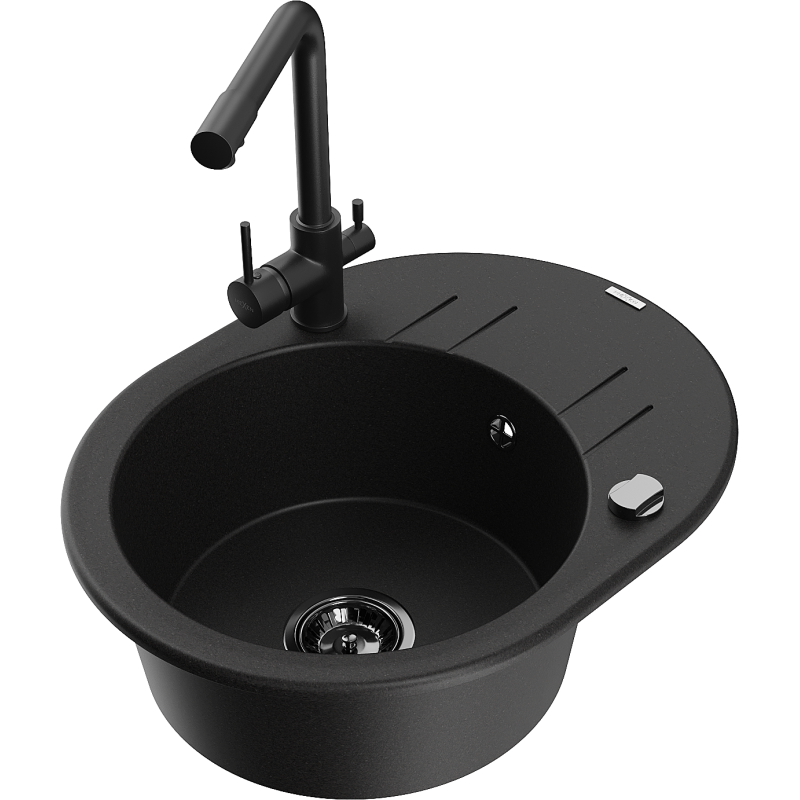 Mexen Kevin 1-compartment granite sink with a drip tray and kitchen mixer tap Duero, Black - 6517-77-671600-70-B