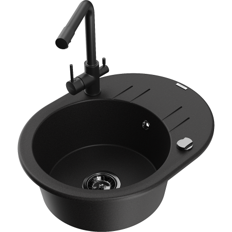Mexen Kevin granite kitchen sink with one basin, drainer, and Duero kitchen faucet, black - 6517-77-671600-70-B