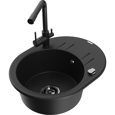 Mexen Kevin granite sink, 1-bowl with drainer and Duero kitchen tap, black - 6517-77-671600-70-B