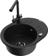 Mexen Kevin granite sink, 1-bowl with drainer and Duero kitchen tap, black - 6517-77-671600-70-B