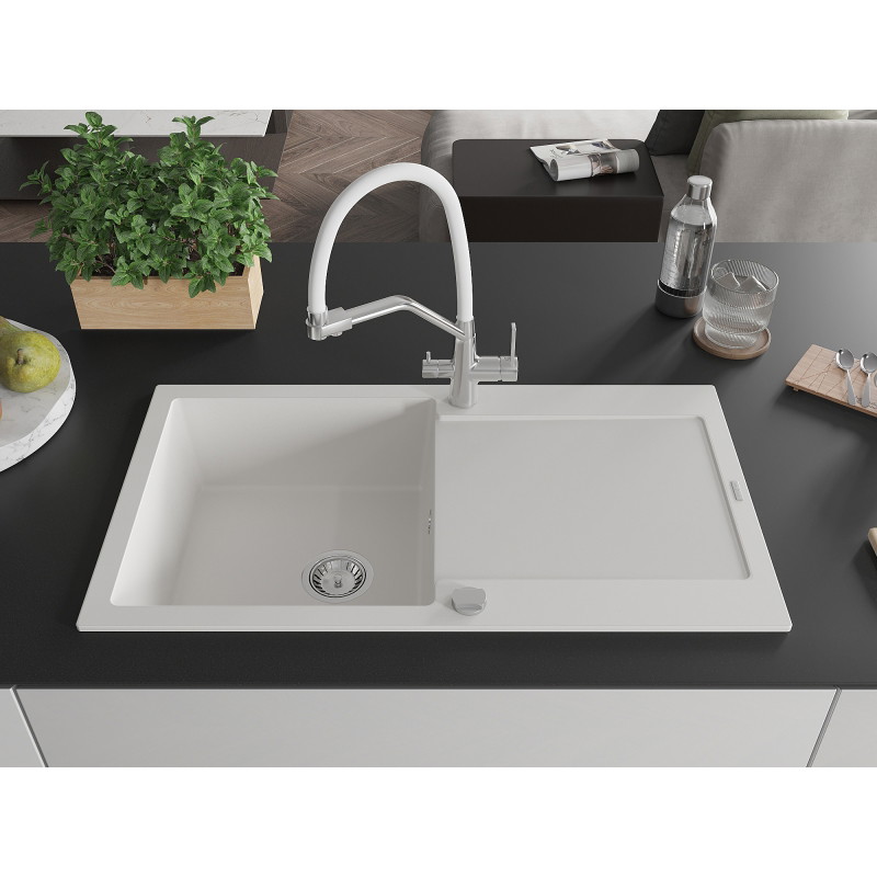 Mexen Leo granite sink 1-bowl with drainer and Duo kitchen faucet, white - 6501-20-671701-02