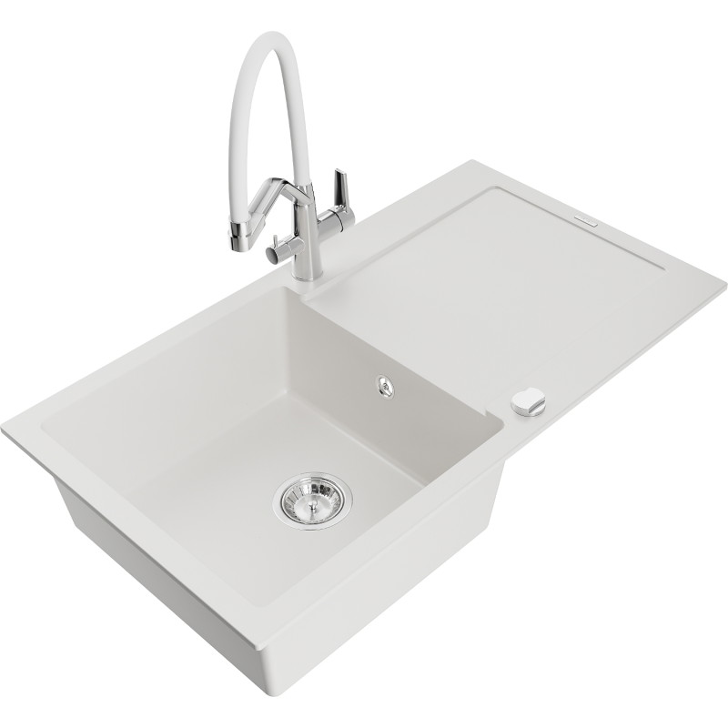Mexen Leo granite kitchen sink 1-bowl with drainer and Duo kitchen faucet, white - 6501-20-671701-02