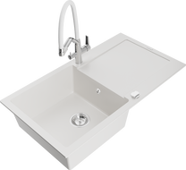 Mexen Leo granite sink 1-bowl with drainer and Duo kitchen faucet, white - 6501-20-671701-02
