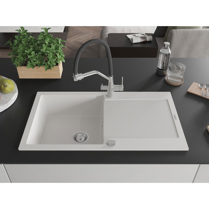 Mexen Leo 1-bowl granite sink with drainer and Duo kitchen tap, white - 6501-20-671701-07