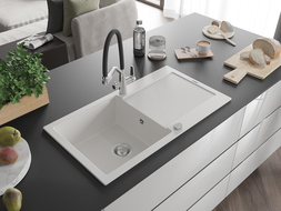 Mexen Leo 1-bowl granite sink with drainer and Duo kitchen tap, white - 6501-20-671701-07