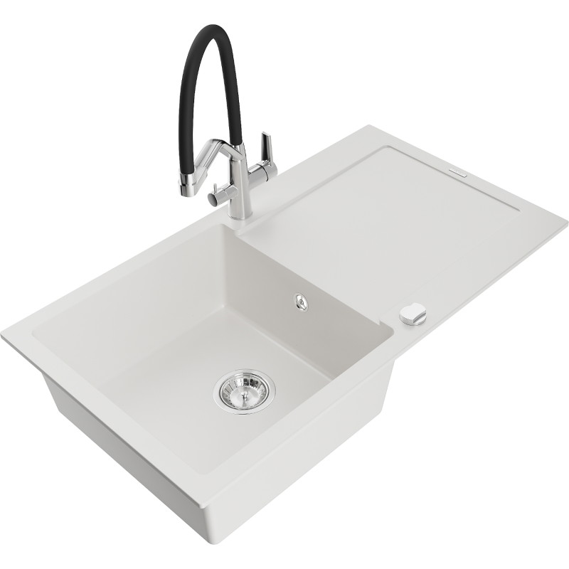 Mexen Leo granite single-bowl kitchen sink with drainer and Duo kitchen faucet, white - 6501-20-671701-07