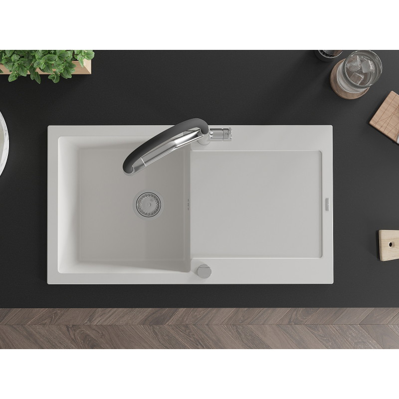 Mexen Leo Granite kitchen sink 1-bowl with drainer and Duo kitchen faucet, white - 6501-20-671701-07