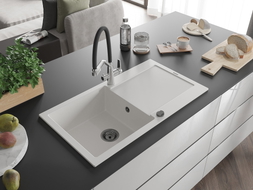 Mexen Leo granite kitchen sink 1-bowl with drainer and Duo kitchen faucet, white - 6501-20-671701-07-B