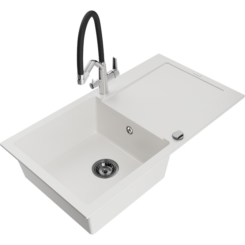 Mexen Leo granite sink 1-bowl with drainer and Duo kitchen faucet, white - 6501-20-671701-07-B