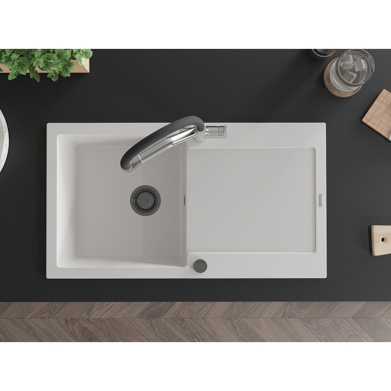 Mexen Leo granite sink 1-bowl with drainer and Duo kitchen faucet, white - 6501-20-671701-07-B