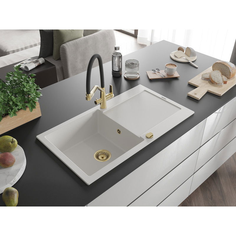 Mexen Leo granite sink 1-bowl with drainer and Duo kitchen tap, white - 6501-20-671701-57-G