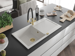 Mexen Leo granite kitchen sink 1-bowl with draining board and Duo kitchen faucet, white - 6501-20-671701-57-G