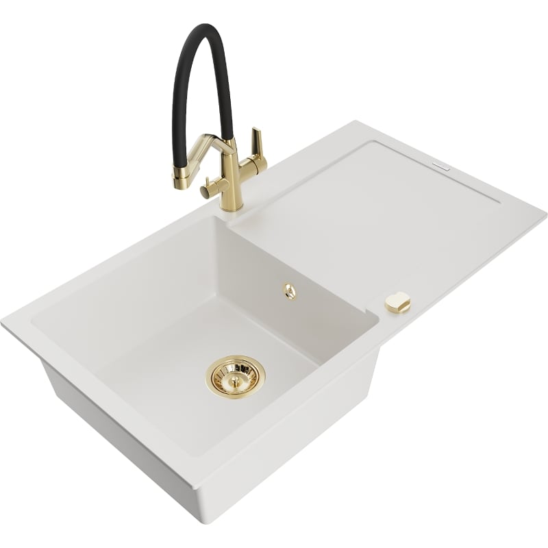 Mexen Leo granite kitchen sink 1-bowl with drainer and Duo kitchen faucet, white - 6501-20-671701-57-G