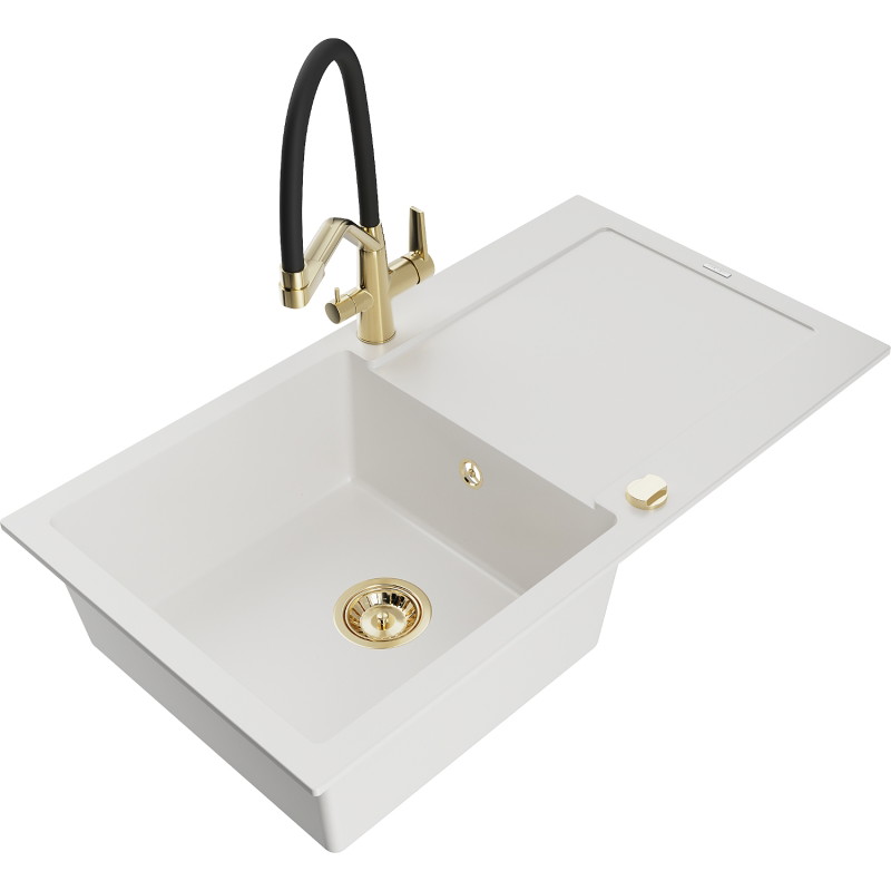 Mexen Leo granite kitchen sink 1-bowl with draining board and Duo kitchen faucet, white - 6501-20-671701-57-G