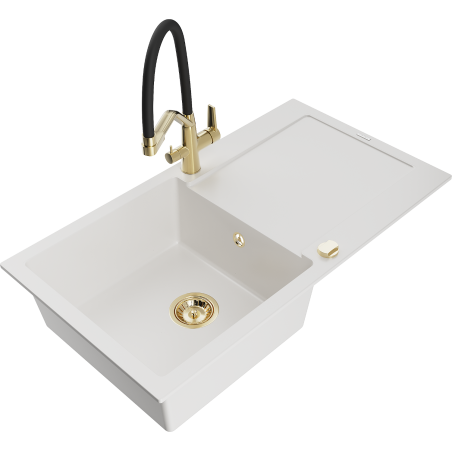 Mexen Leo granite kitchen sink 1-bowl with draining board and Duo kitchen faucet, white - 6501-20-671701-57-G
