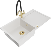 Mexen Leo granite kitchen sink 1-bowl with draining board and Duo kitchen faucet, white - 6501-20-671701-57-G