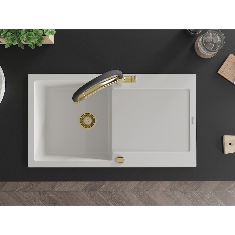 Mexen Leo granite kitchen sink 1-bowl with drainer and Duo kitchen faucet, white - 6501-20-671701-57-G