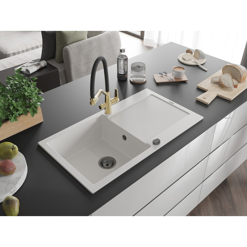 Mexen Leo 1-bowl granite sink with drainer and Duo kitchen faucet, white - 6501-20-671701-57-B